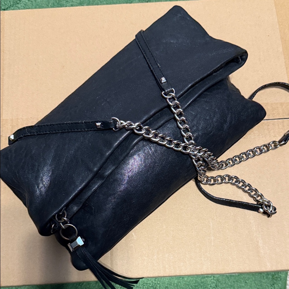 Stella & Dot Chic Soft Black Leather Shoulder Bag/Clutch with Chain Strap